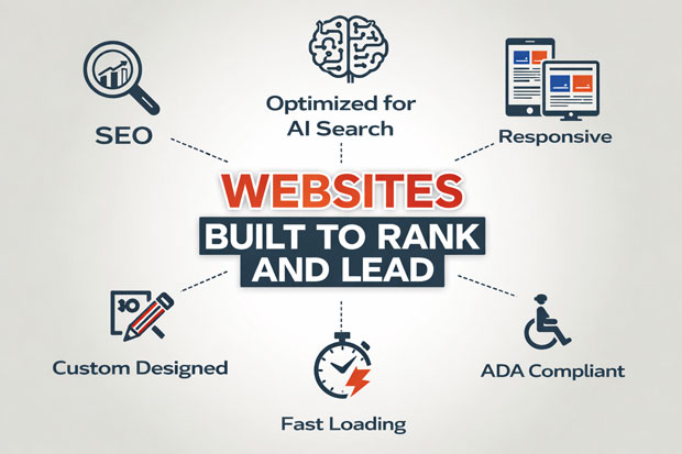 Website design infographic showing SEO, AI optimization, responsive design, fast loading, and ADA compliance.