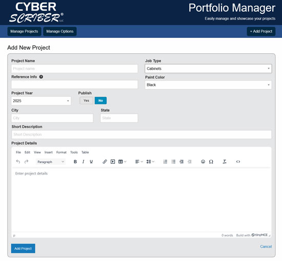 Add new project screen in Portfolio Manager
