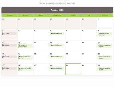 Custom promotional calendar automatically displays scheduled discounts, special offers and store closures, giving shoppers an easy way to see upcoming thrift store specials.