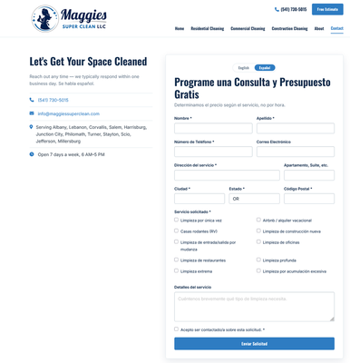 The contact page uses a clear English-to-Spanish toggle, helping Spanish-speaking customers request estimates in their preferred language while providing structured fields for service details.