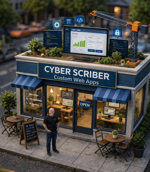 Illustration representing custom web application development and business workflow tools.